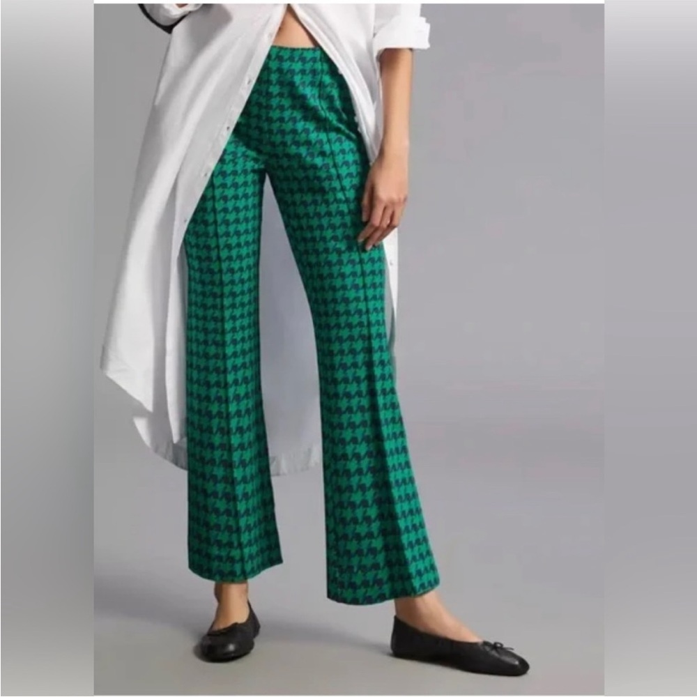 Maeve by Anthropologie The Margot Blue and Green Houndstooth Kick Flare Pants XL